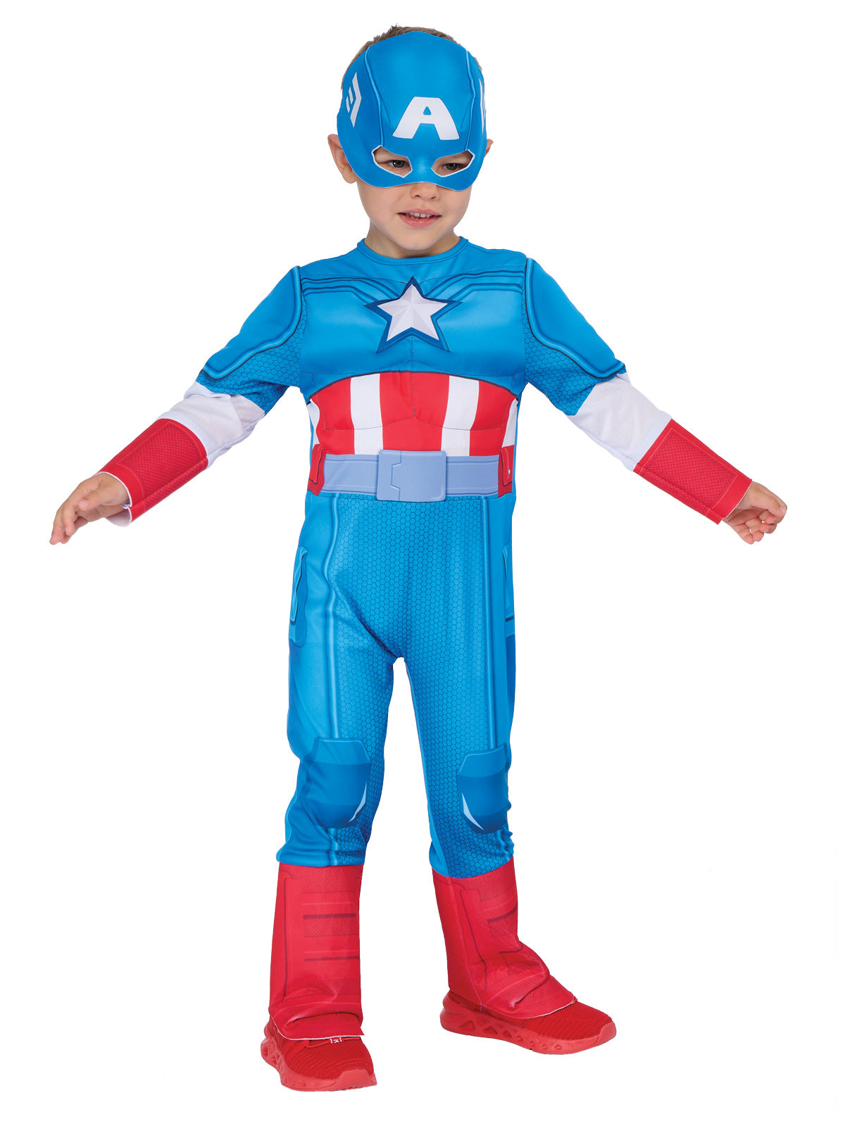 Toddler wearing the Captain America deluxe suit with star emblem and printed belt