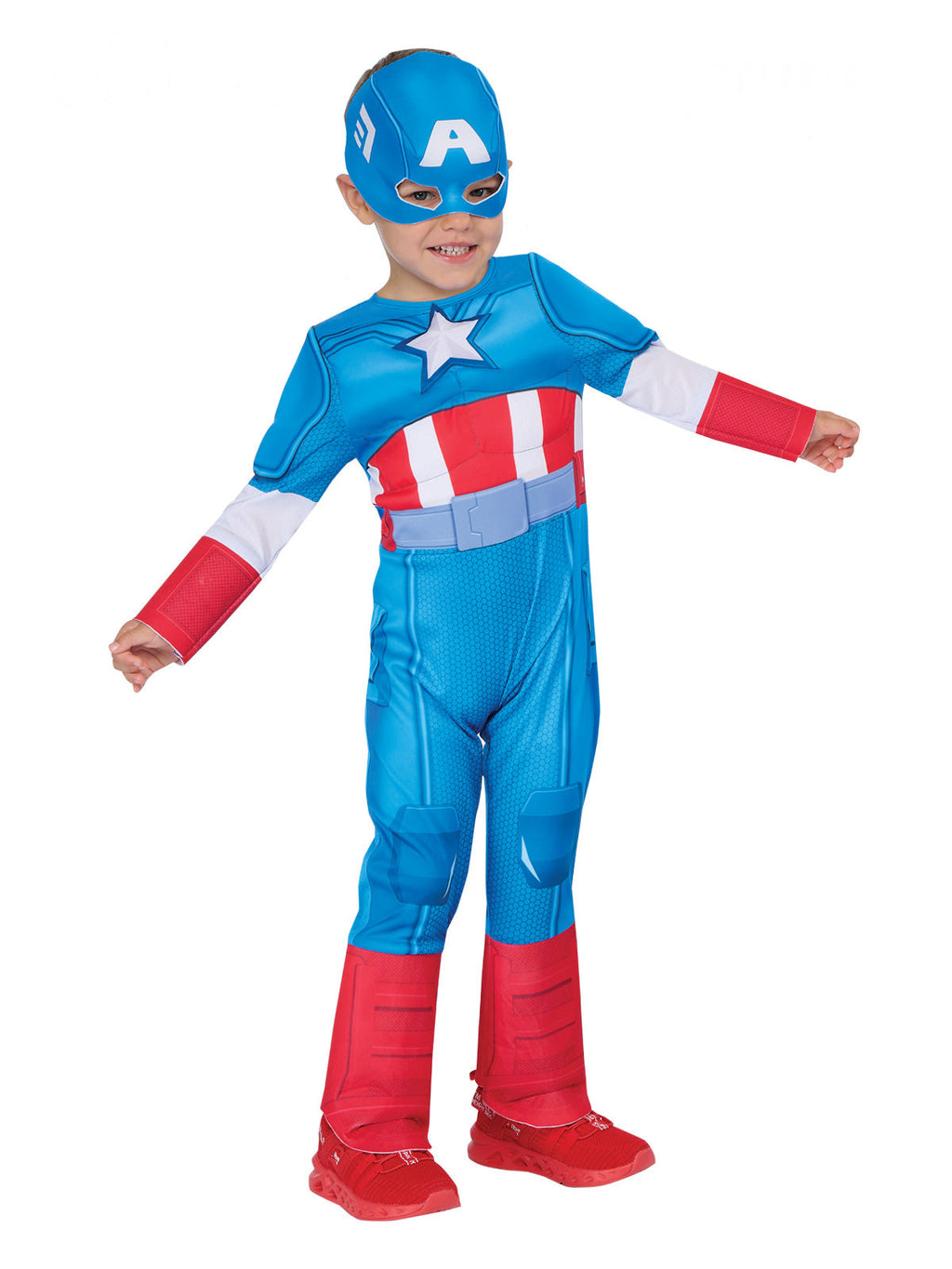 Toddler boy in a deluxe Captain America muscle jumpsuit with red shoe covers and half mask