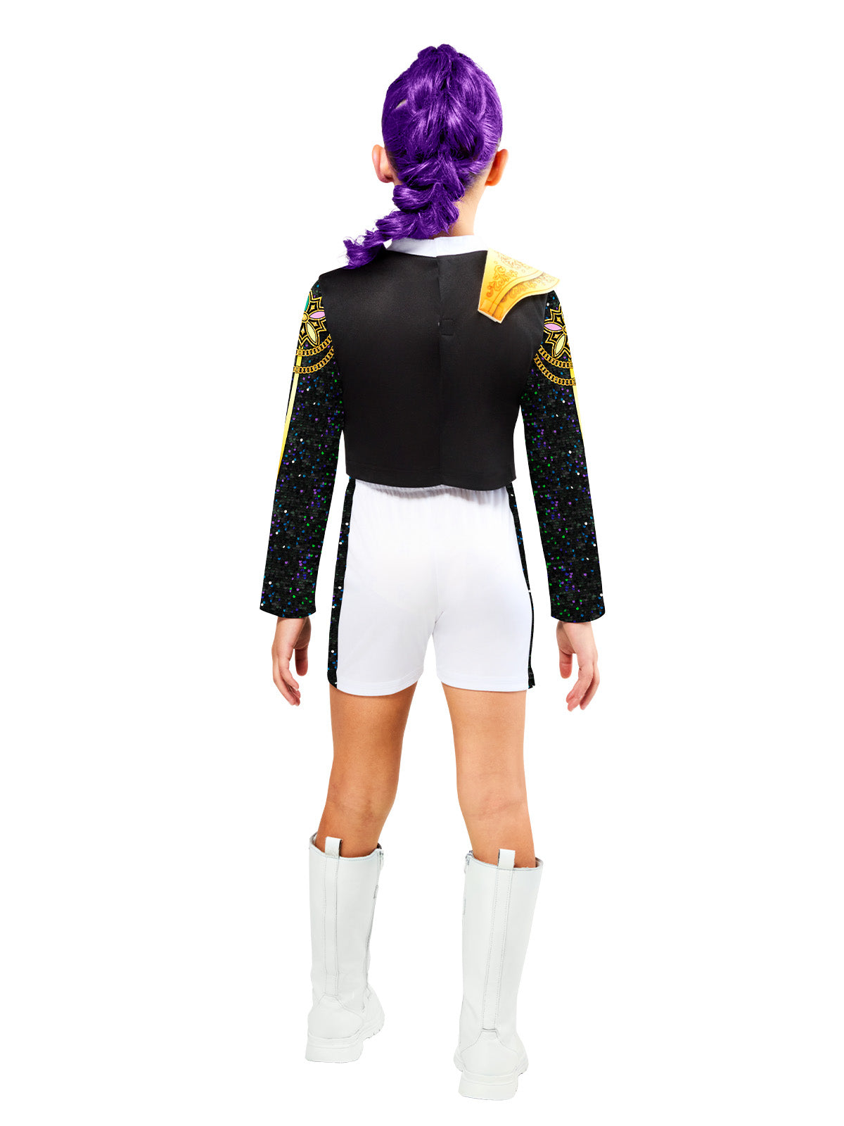 Back view of the Rumi Gold costume with a black cropped jacket over white shorts