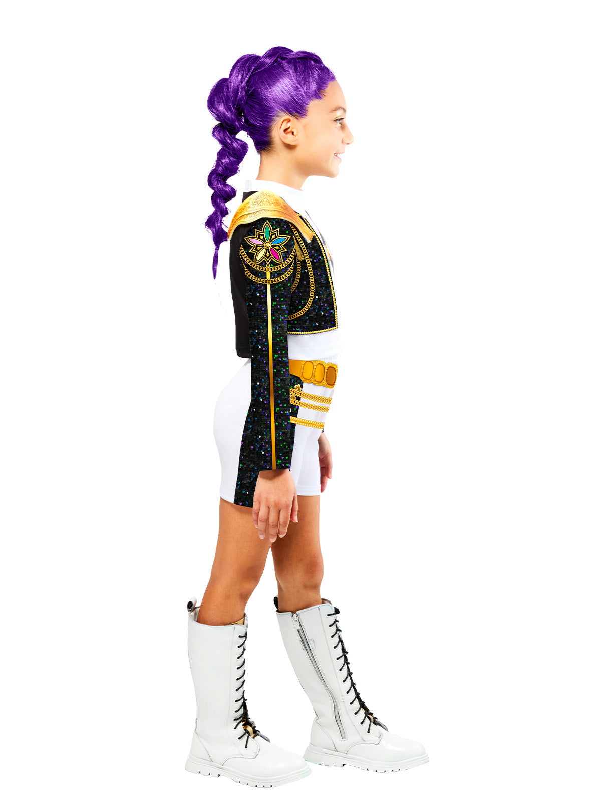 Side view of the Rumi Gold costume showing the black jacket with gold trim and white shorts