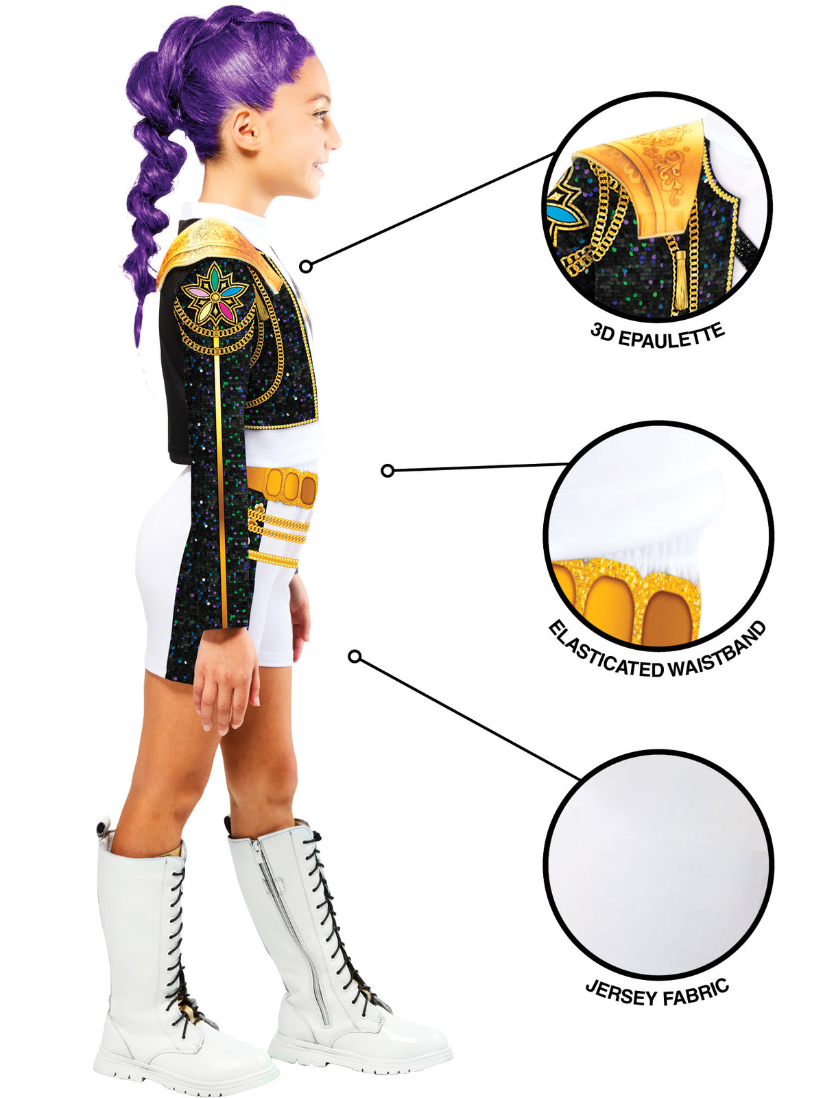 Girl in the Rumi Gold costume with detail circles showing the jacket trim, gold armband and jersey fabric