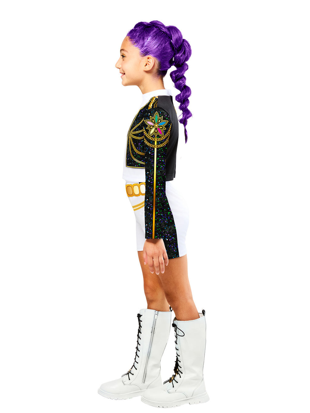 Girl in side profile wearing the Rumi Gold costume with a gold belt and chain at the waist