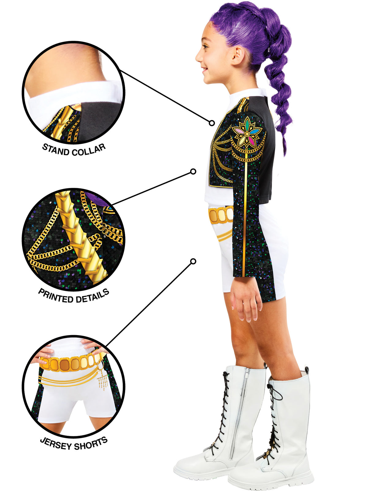 Girl in the Rumi Gold costume with detail circles showing the high collar, gold print and jersey fabric