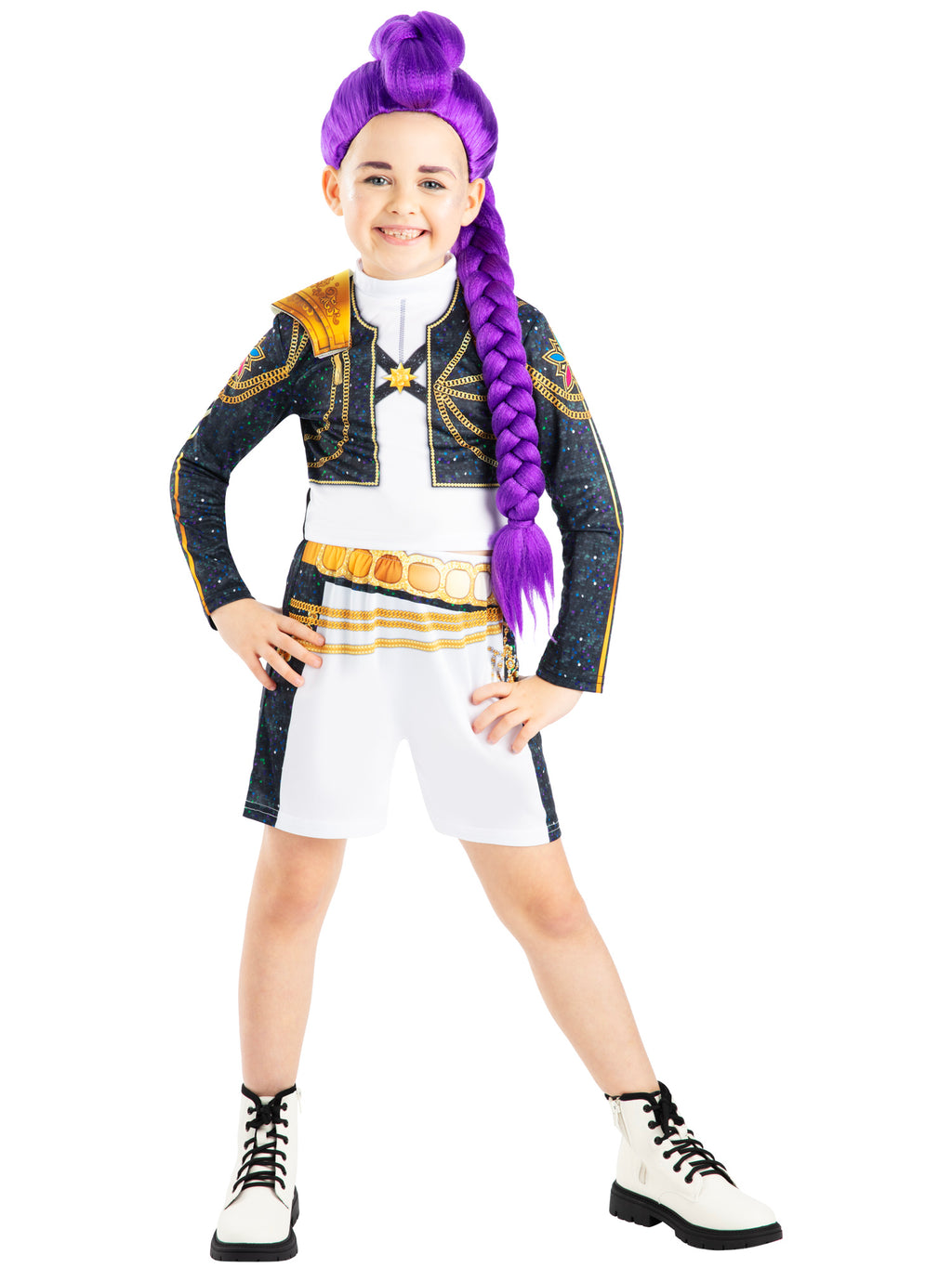 Girl with hands on hips in the Rumi Gold costume, wearing the black jacket, white top and gold belt