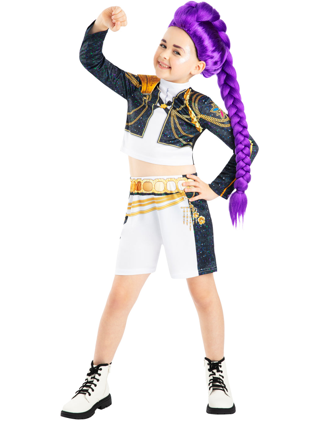 Girl flexing an arm in the Rumi Gold costume with the black gold-trimmed jacket and white shorts