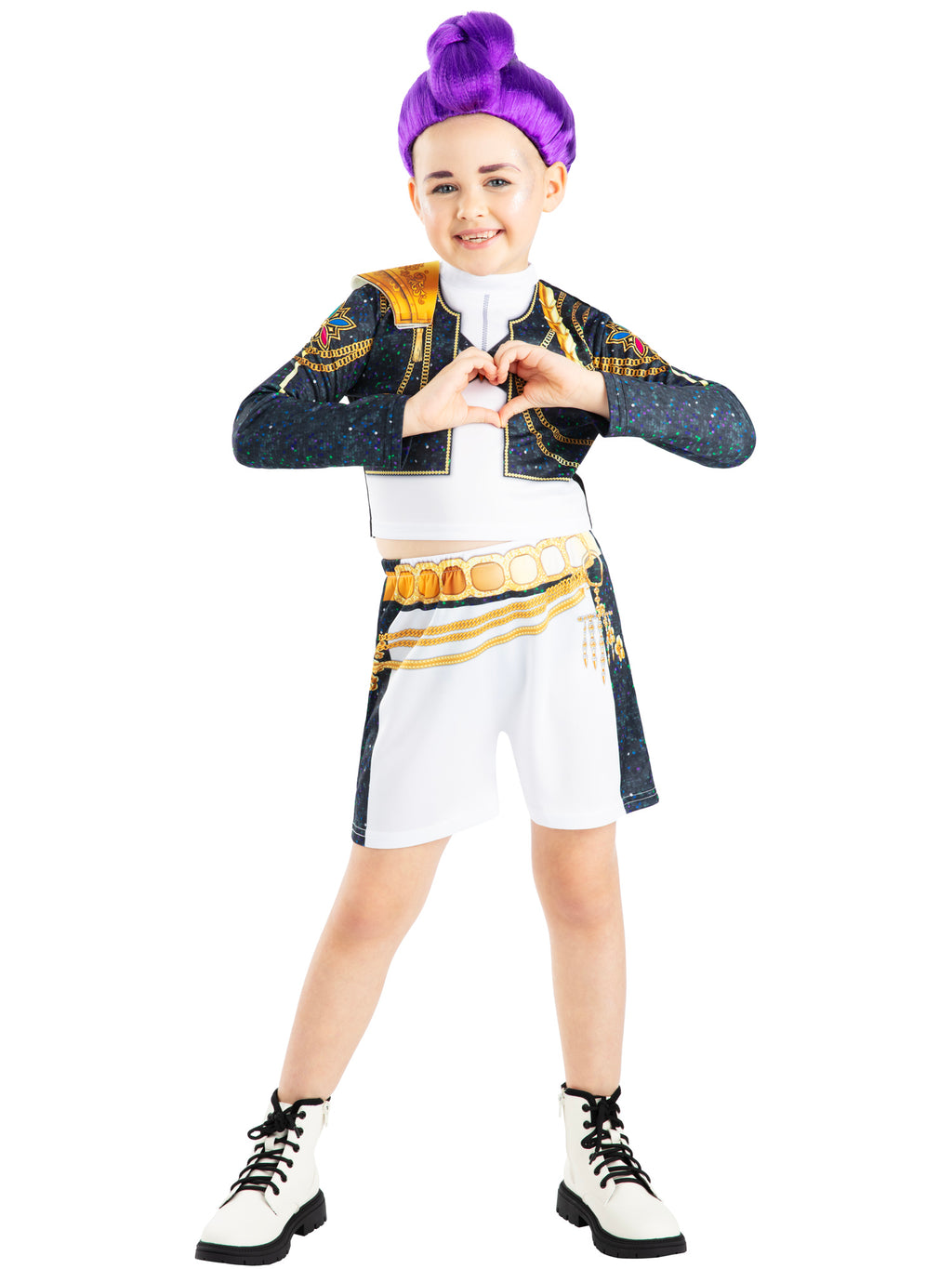Girl in a three-quarter pose in the Rumi Gold costume with the black gold-trimmed jacket