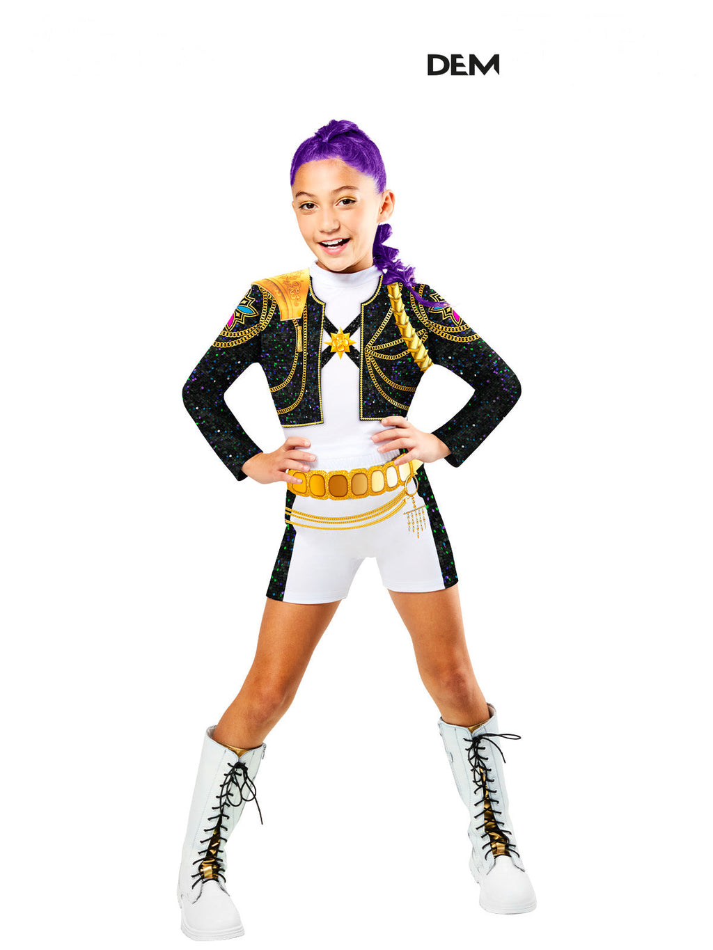 Girl in the K-Pop Demon Hunters Rumi Gold costume with a black gold-trimmed cropped jacket and white shorts