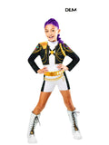 Girl in the K-Pop Demon Hunters Rumi Gold costume with a black gold-trimmed cropped jacket and white shorts