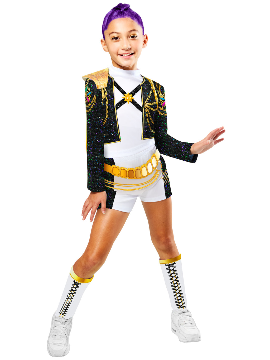 Girl in a dance stance in the Rumi Gold Deluxe costume with gold-trimmed jacket and lace-print leg sleeves