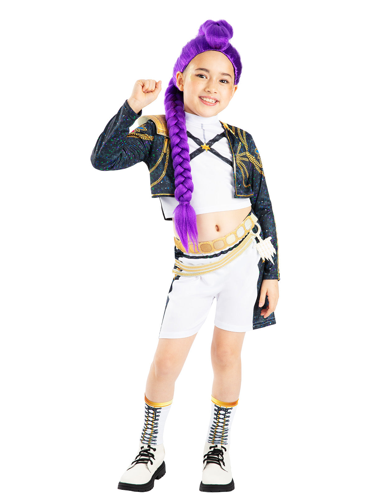 Girl posing in the Rumi Gold Deluxe costume with a black sequin jacket, gold belt and white shorts