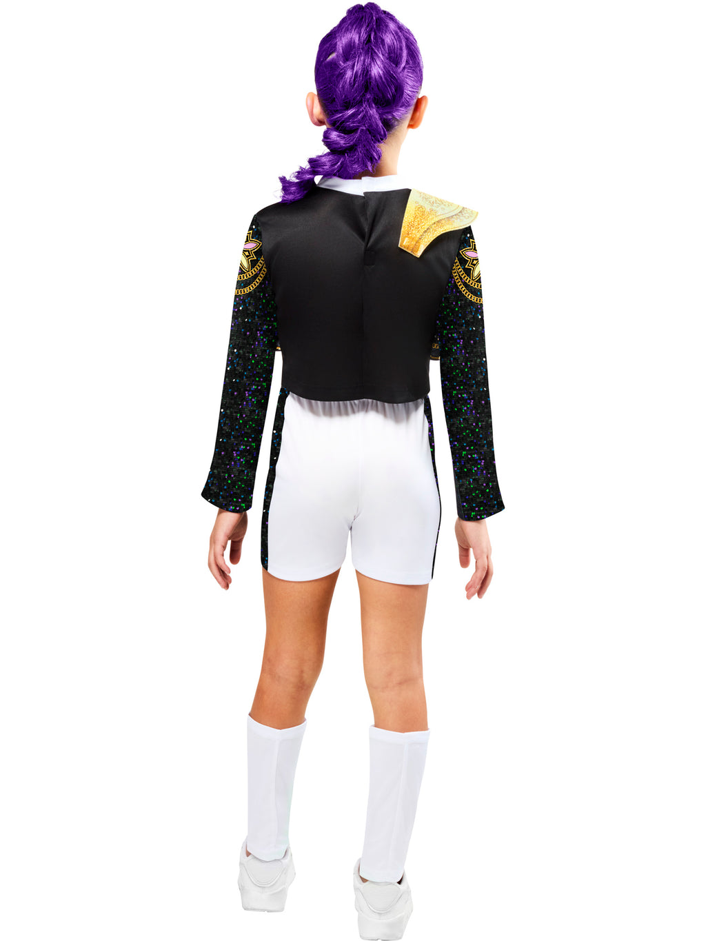 Back view of the Rumi Gold Deluxe cropped jacket with gold shoulder pieces over white shorts