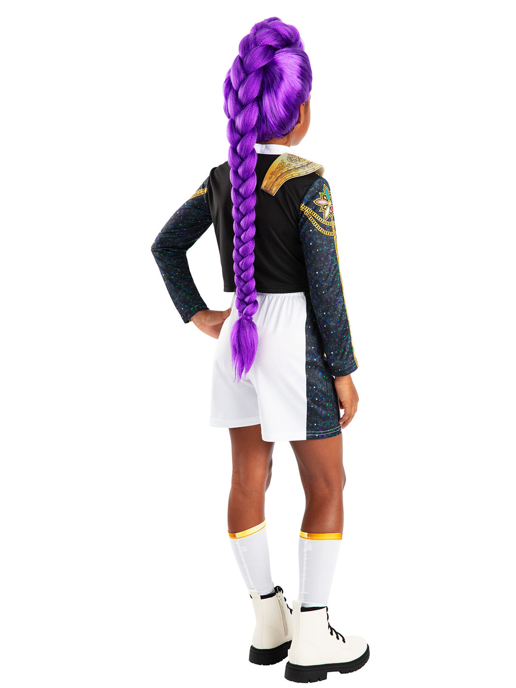 Back view of the Rumi Gold Deluxe costume with a black cropped jacket and white shorts