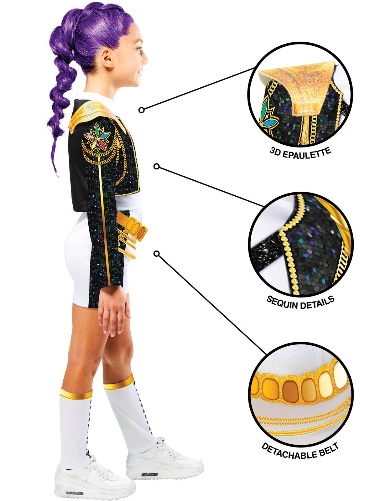 Girl in the Rumi Gold Deluxe costume with detail circles showing the epaulettes, gold trim and belt