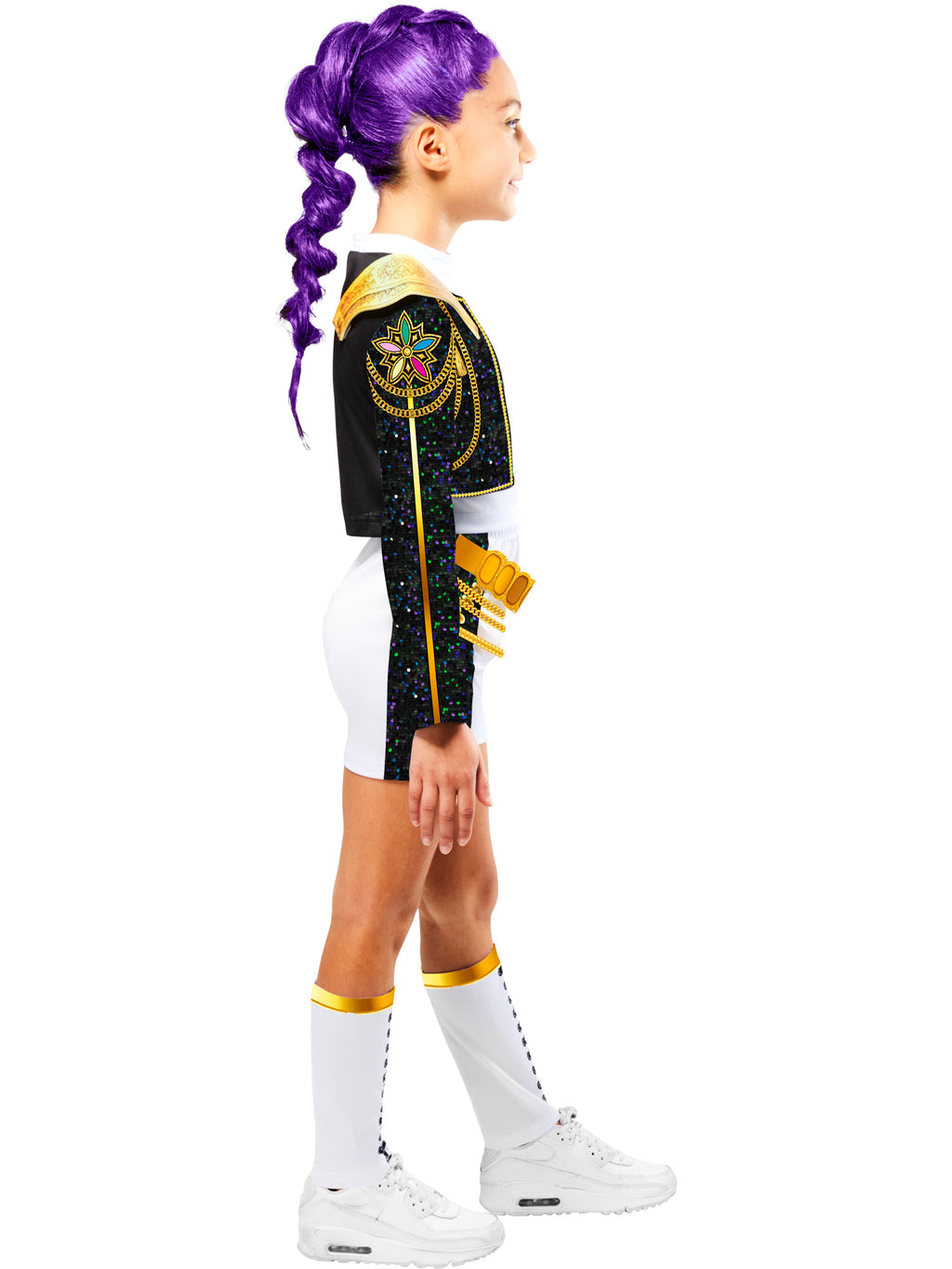 Side profile of the Rumi Gold Deluxe costume with a black sequin jacket and lace-print leg sleeves