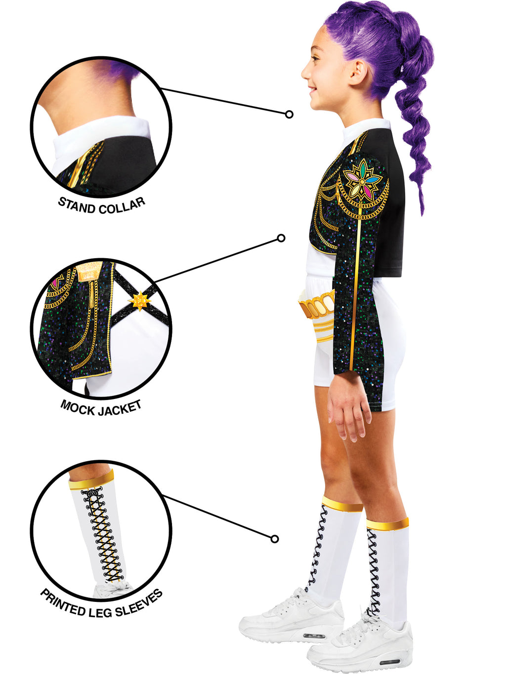 Girl in the Rumi Gold Deluxe costume with detail circles showing the high collar, jacket detail and leg sleeves