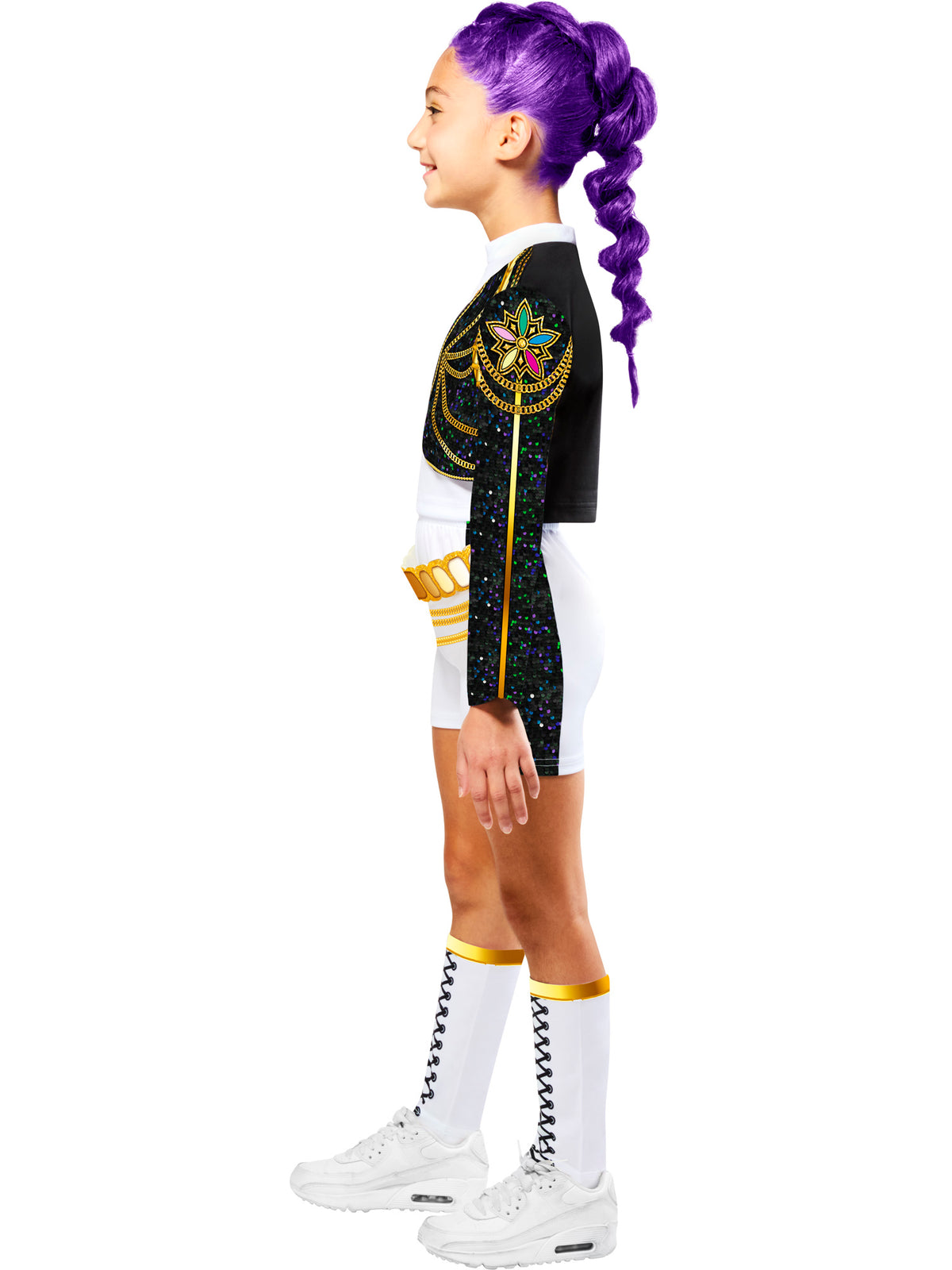 Three-quarter side view of the Rumi Gold Deluxe costume with gold-trimmed black jacket and white shorts