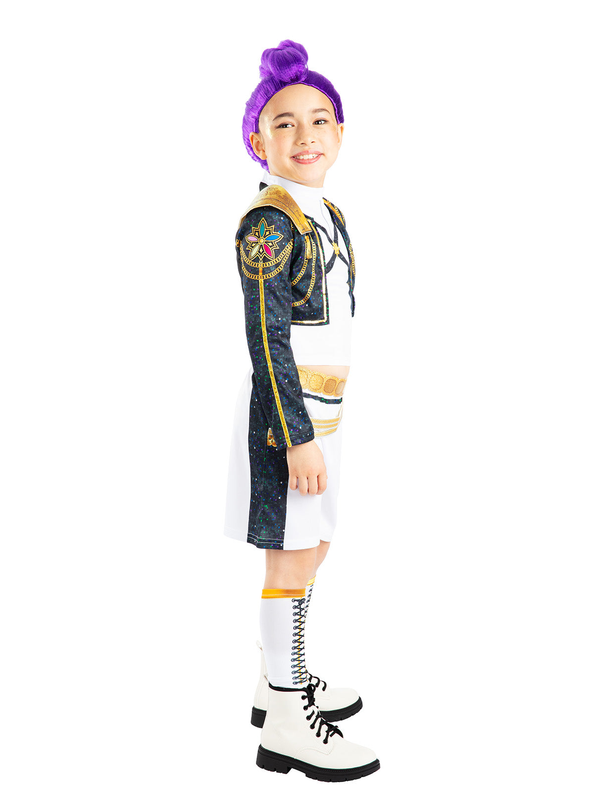 Side view of the Rumi Gold Deluxe costume with a black jacket with gold trim and white shorts