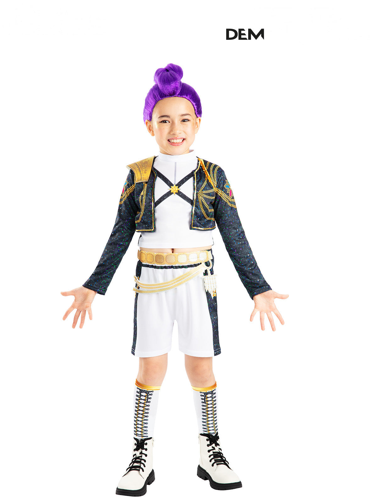 Girl in the Rumi Gold Deluxe costume with a black sequin jacket, white shorts and lace-print leg sleeves