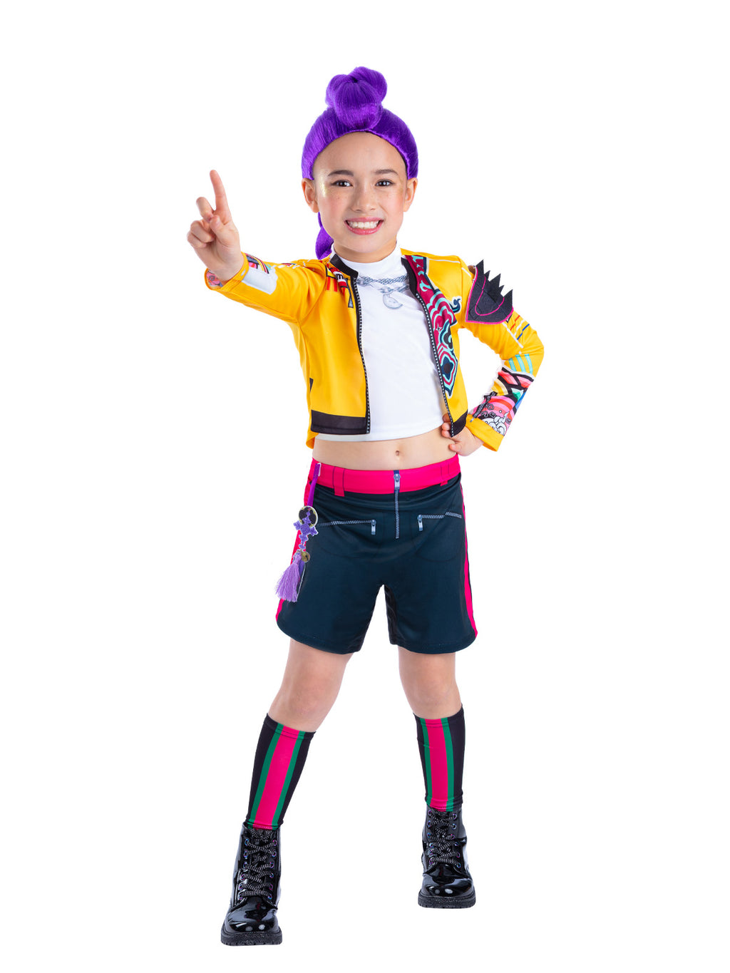 Girl pointing up in the Rumi Core costume with a yellow printed jacket and shorts with a pink stripe
