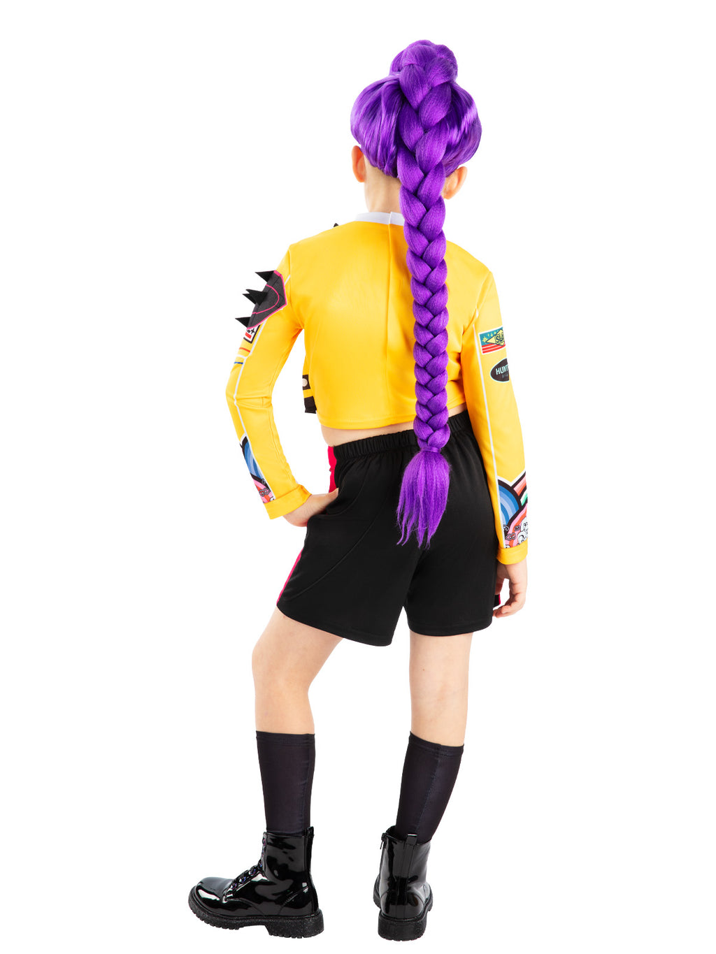 Back view of the Rumi Core costume with a yellow cropped jacket and black shorts