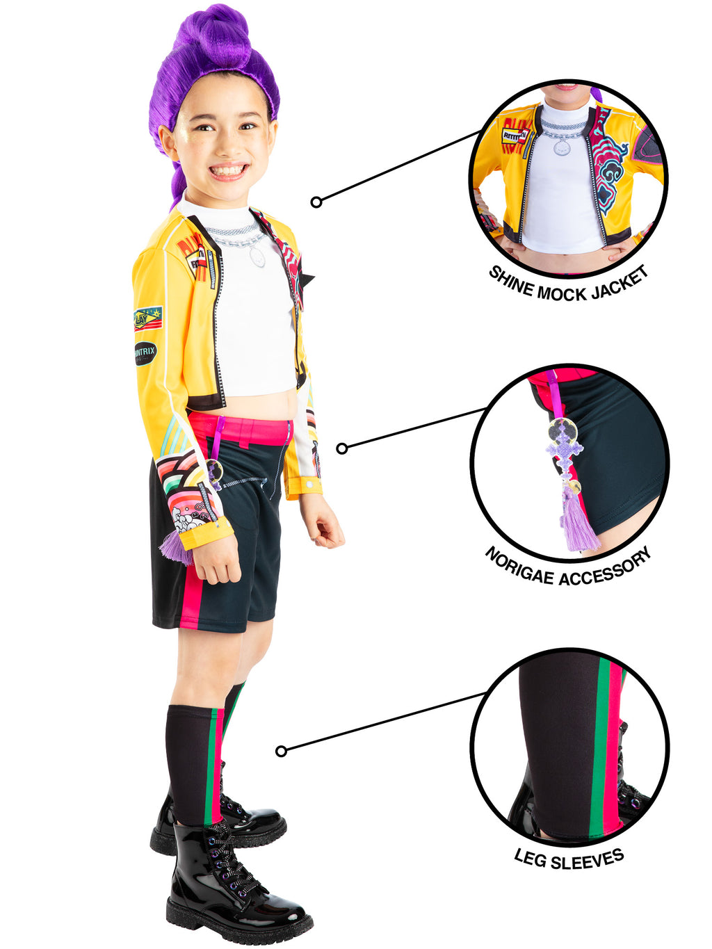 Girl in the Rumi Core costume with detail circles showing the shorts pocket, charm and leg sleeves