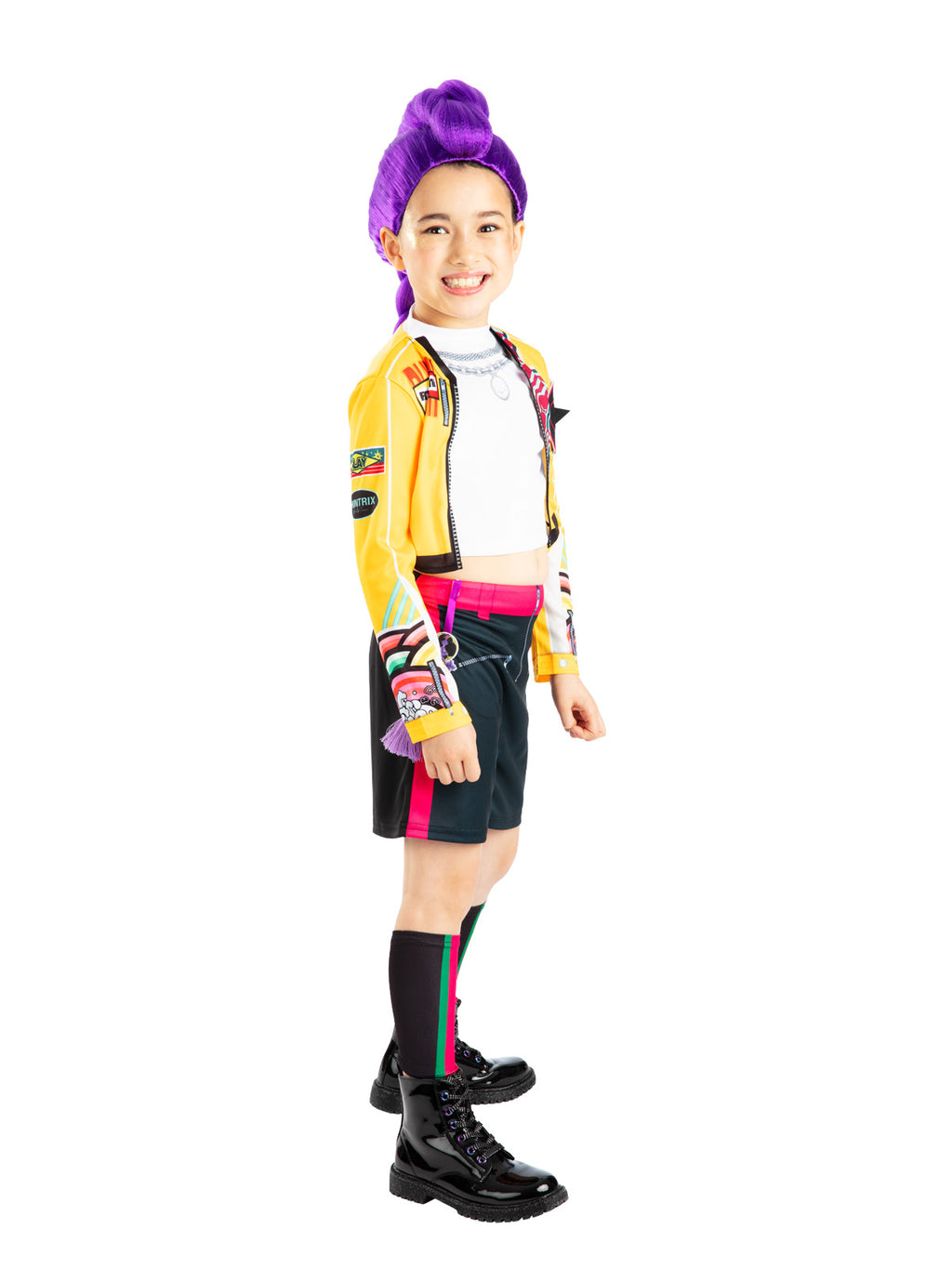 Side profile of the Rumi Core costume, a yellow jacket over a white top with dark shorts