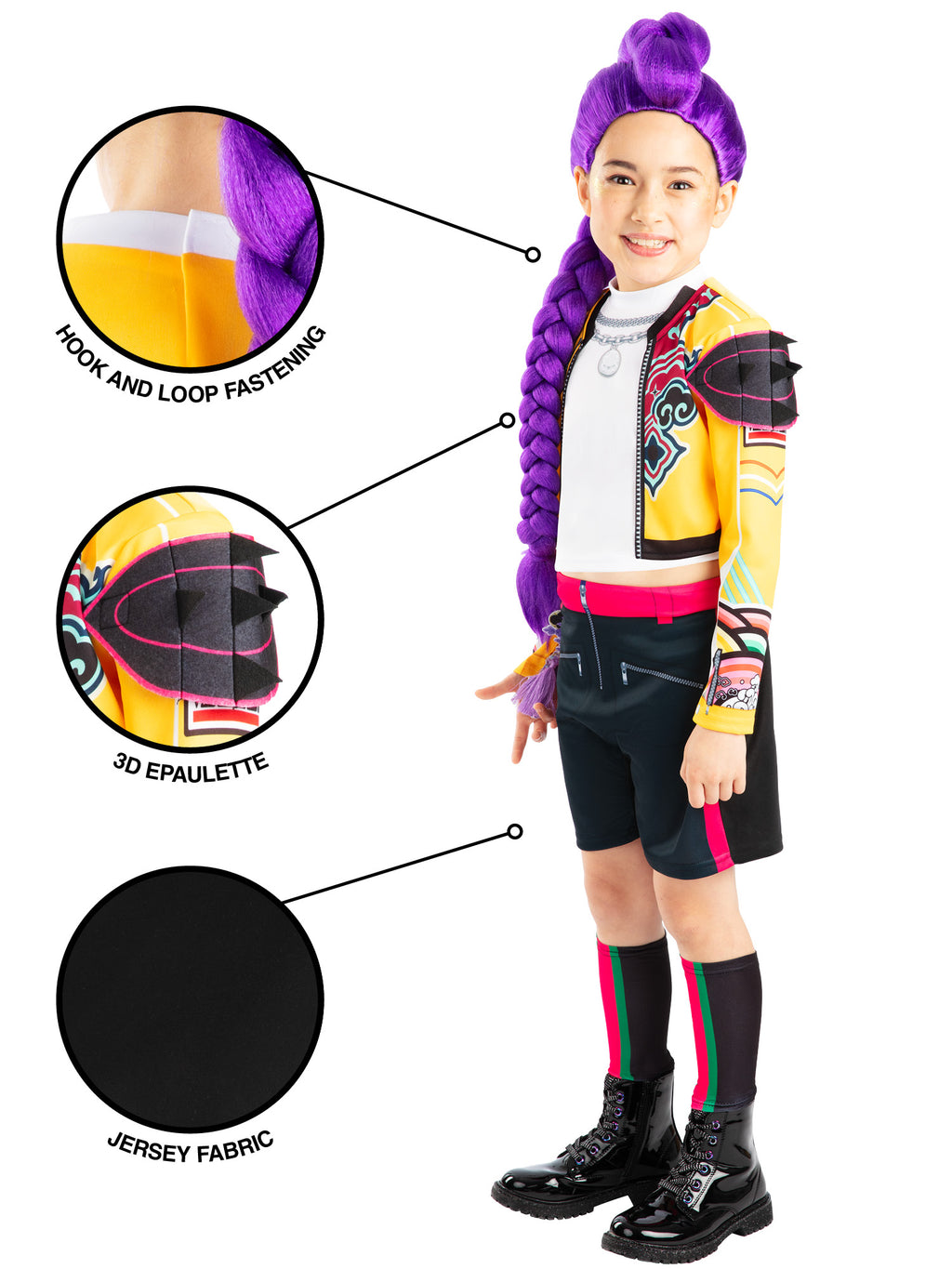 Girl in the Rumi Core costume with detail circles showing the jacket print, sleeve patch and jersey fabric