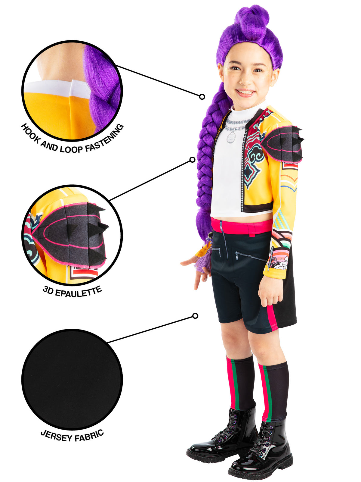 Girl in the Rumi Core costume with detail circles showing the jacket print, sleeve patch and jersey fabric