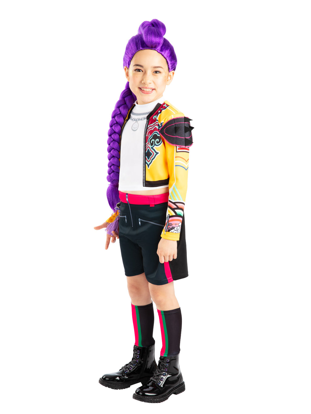 Side view of the Rumi Core costume with a yellow jacket, shorts and pink-and-black striped leg sleeves