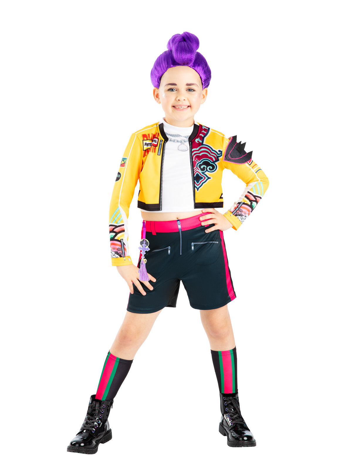 Girl posing in the Rumi Core costume with a yellow cropped jacket and navy shorts