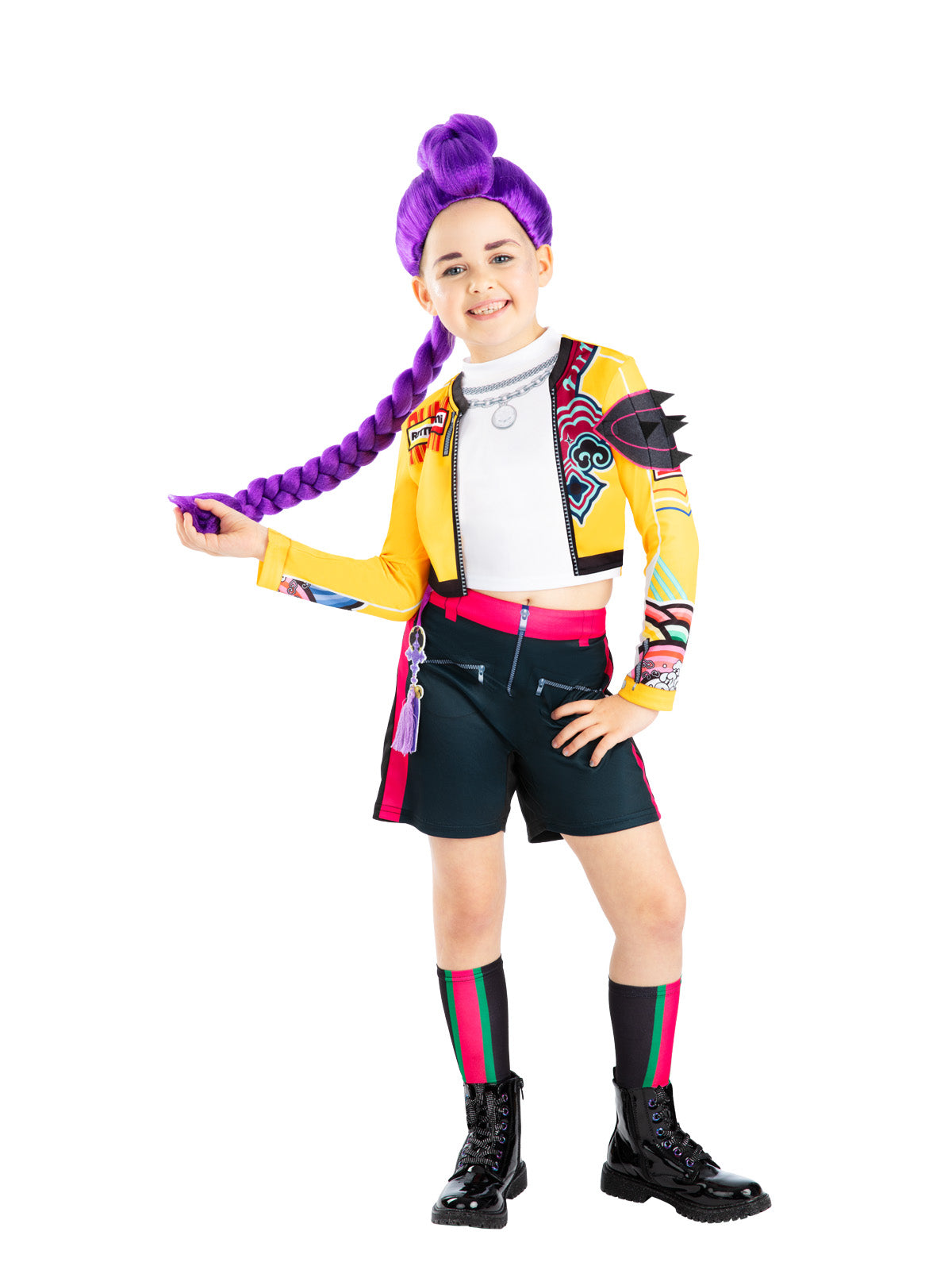 Girl turning in the Rumi Core costume, showing the printed jacket sleeves and striped leg sleeves