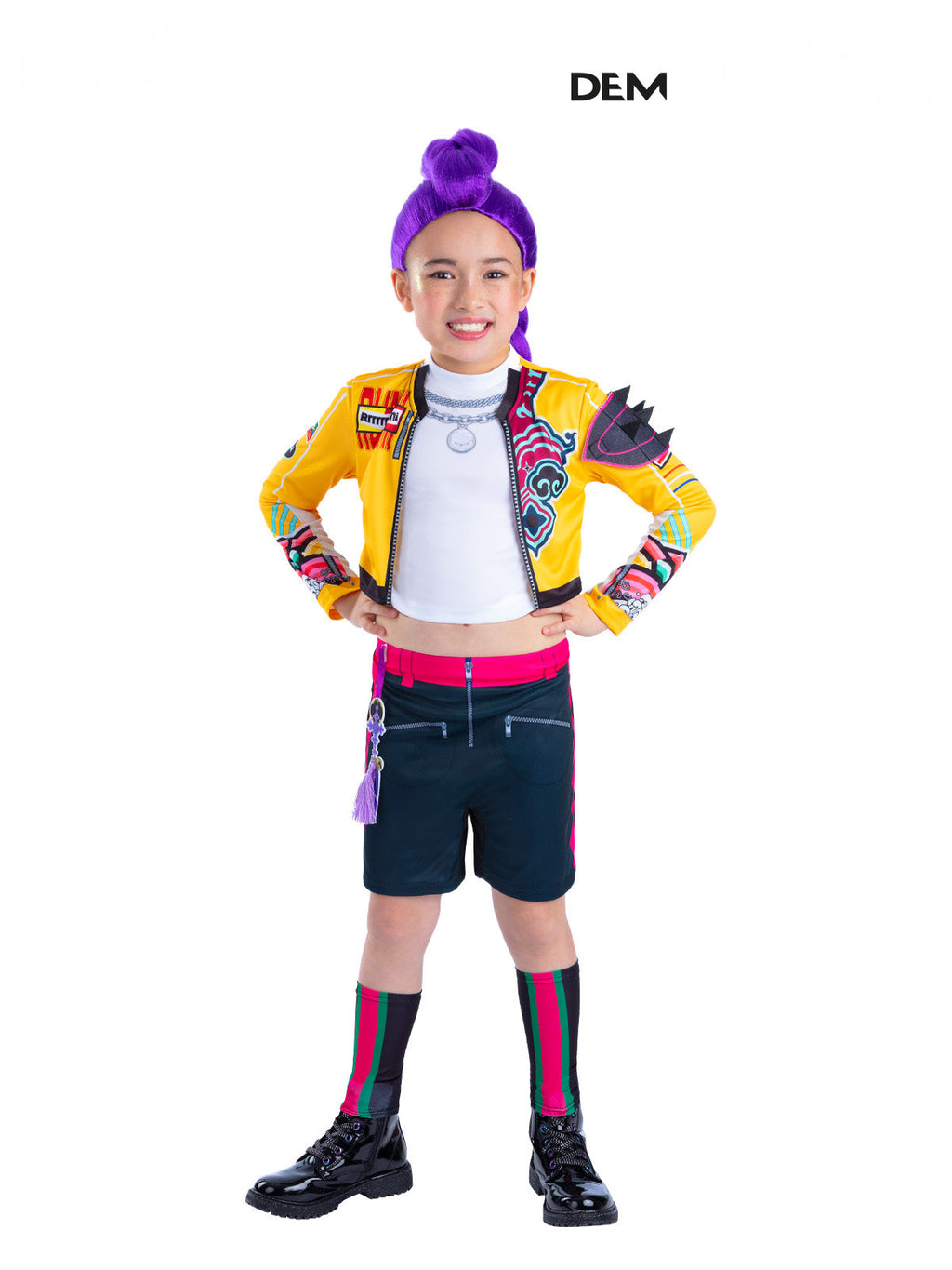 Girl in the K-Pop Demon Hunters Rumi Core costume with a yellow cropped jacket, white top and dark shorts