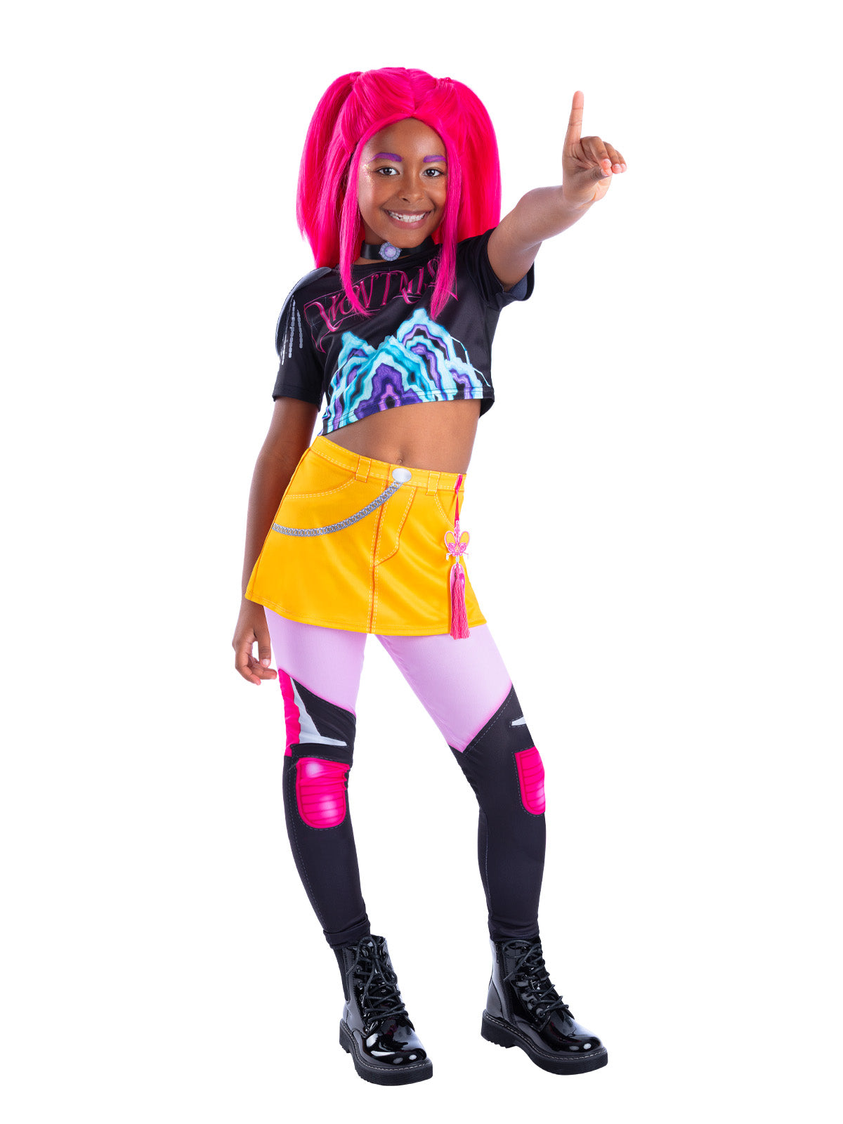 Girl pointing upward in the Mira costume with a black top, yellow skirt and pink-and-white leggings