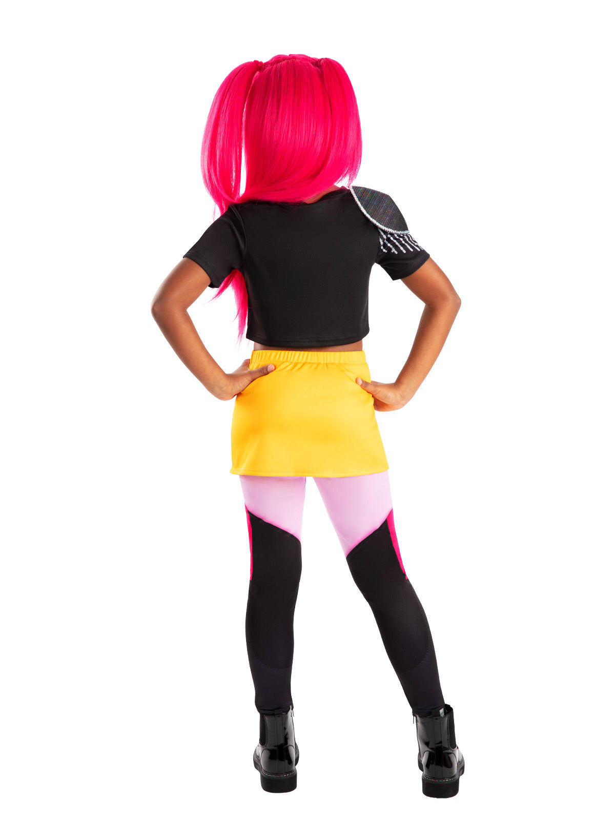 Back view of the Mira costume with the black cropped top and yellow mini skirt over leggings