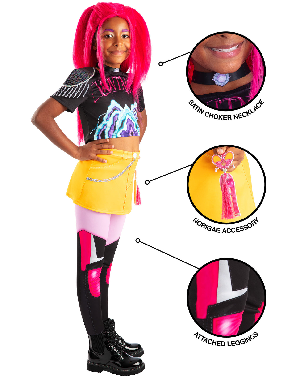 Girl in the Mira costume with detail circles showing the gem neckpiece, pink charm and leggings