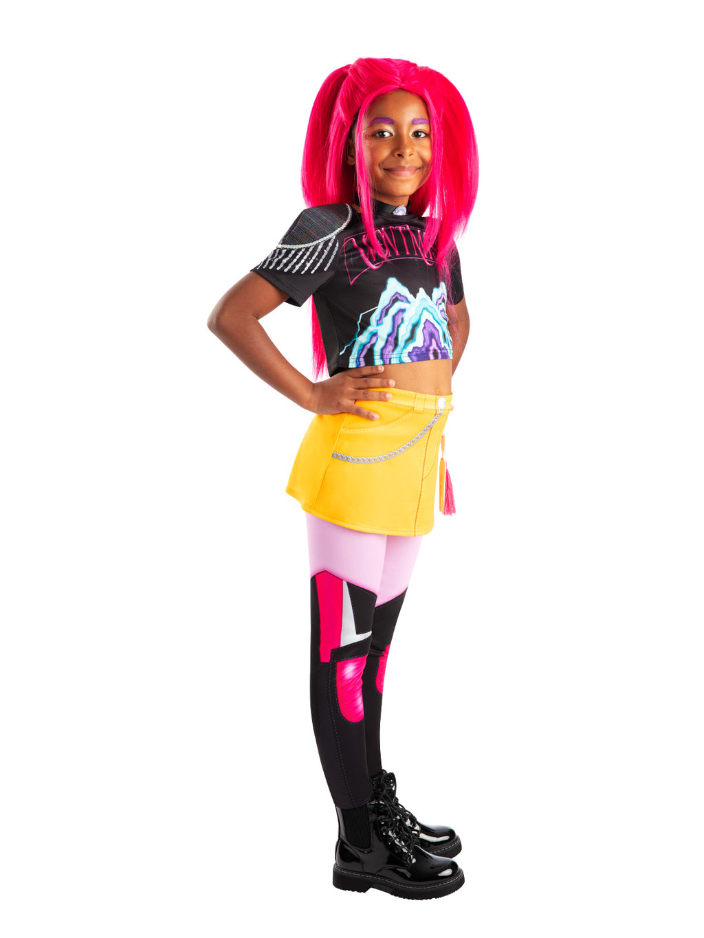 Girl leaning in a side-on pose in the Mira costume, yellow mini skirt over printed leggings