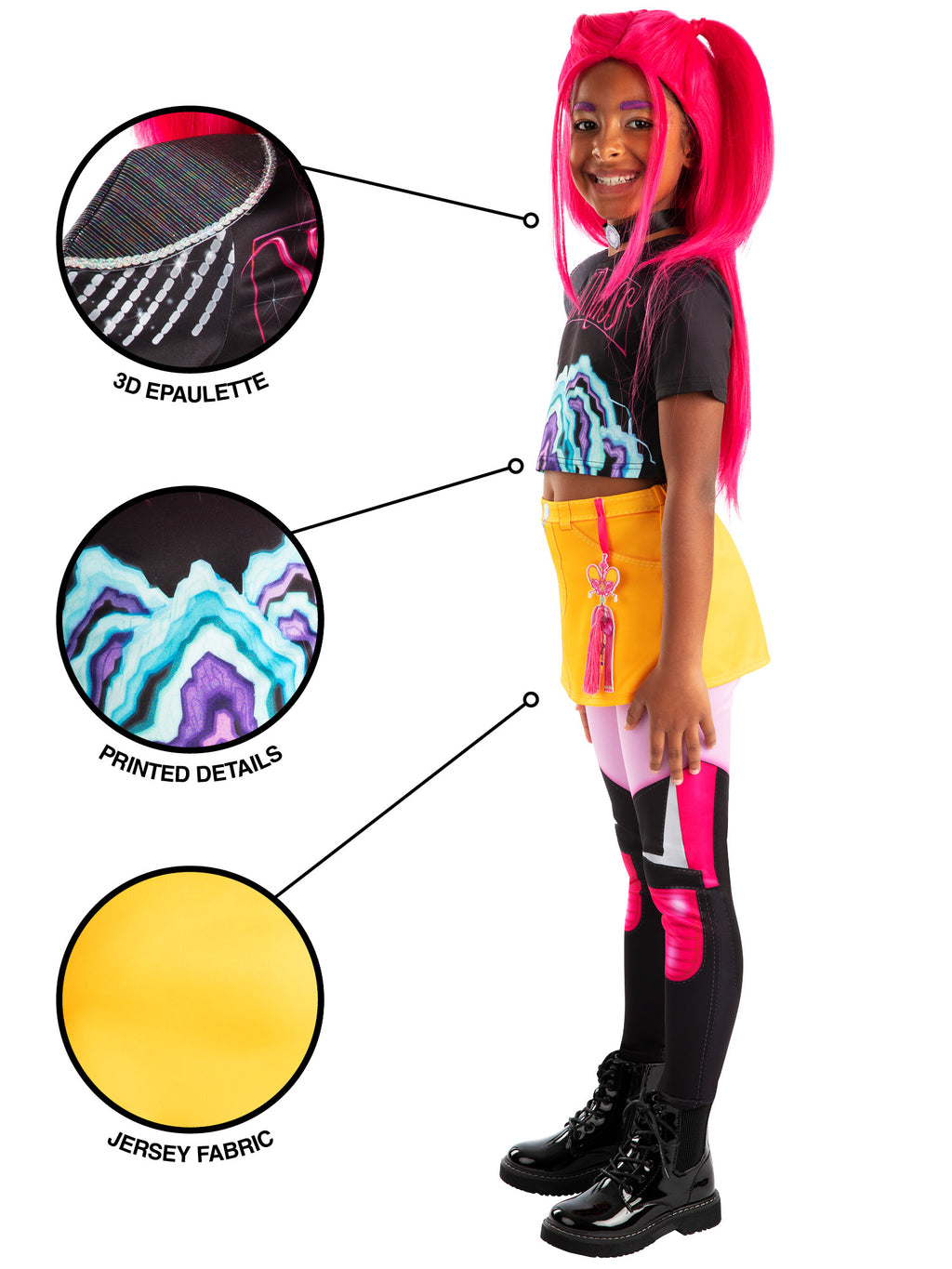 Girl in the Mira costume with detail circles showing the felt neckpiece, printed top and yellow skirt