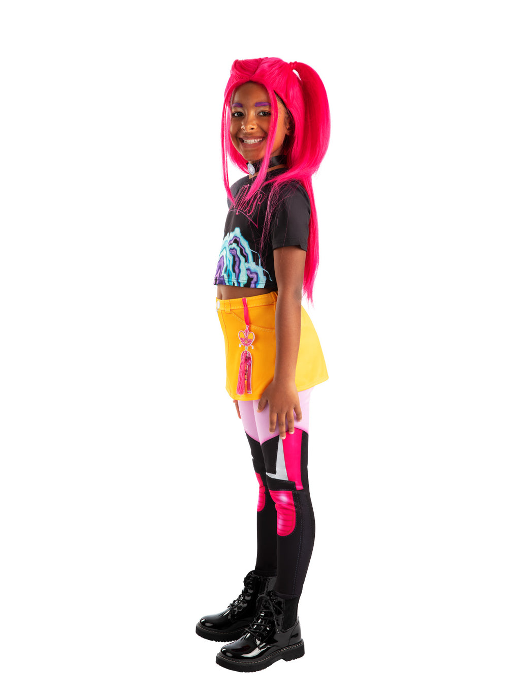 Side view of the Mira costume with the black crop top and yellow mini skirt with leggings