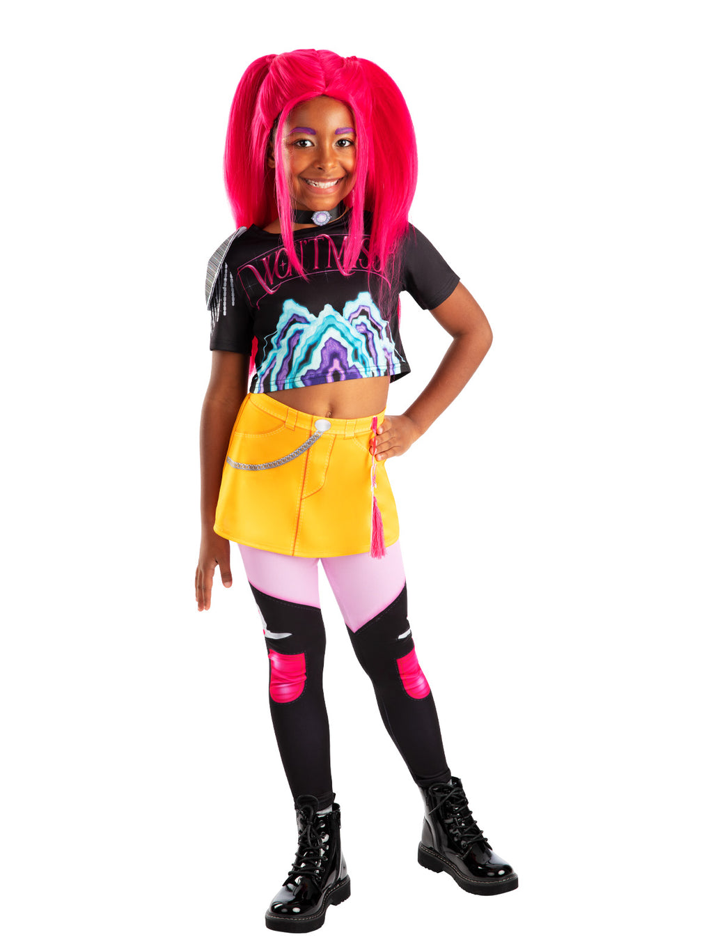 Girl standing in the Mira costume with the printed crop top, yellow skirt and attached leggings