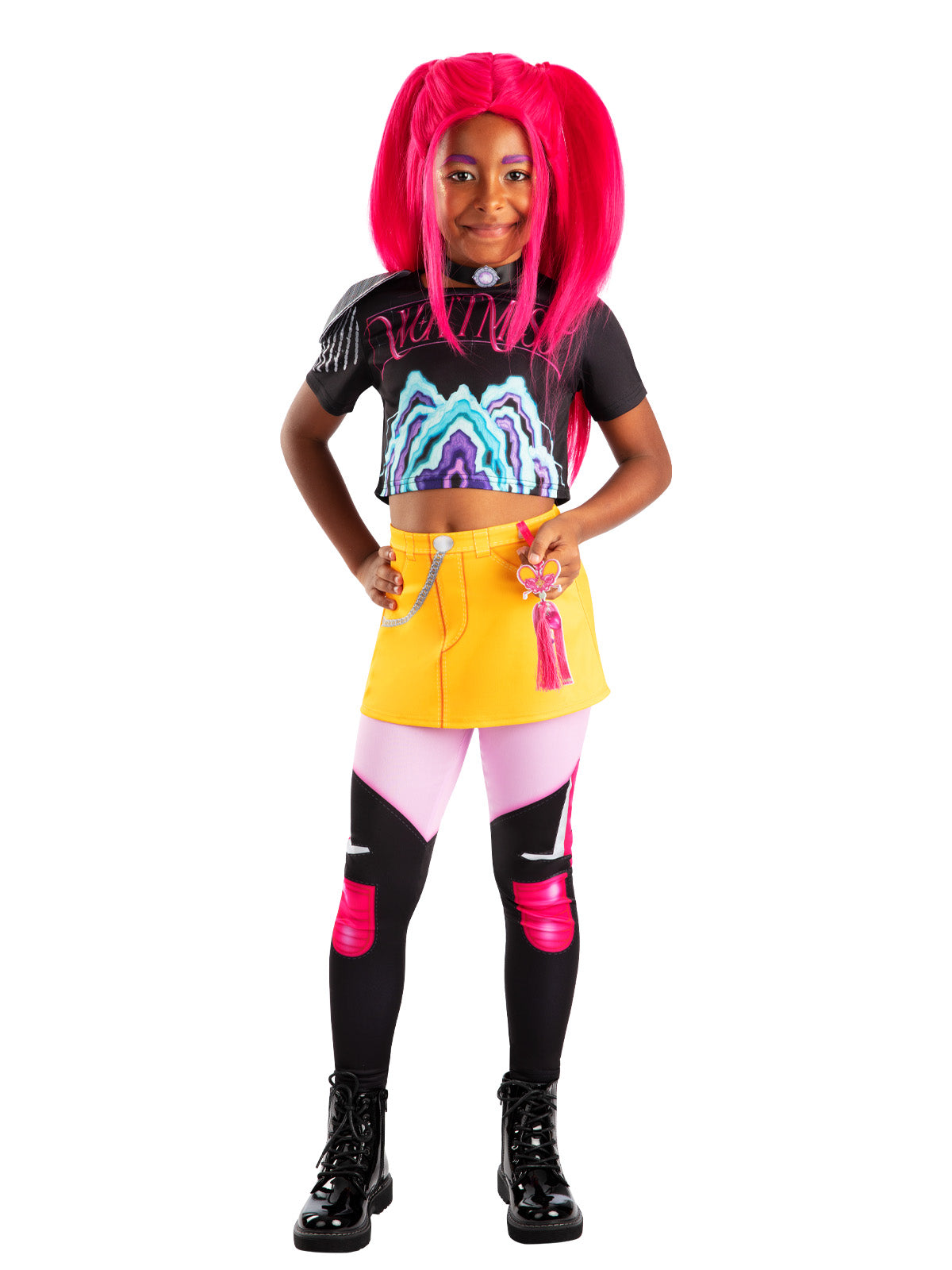 Girl with hands on hips in the Mira costume showing the gem neckpiece and yellow mini skirt