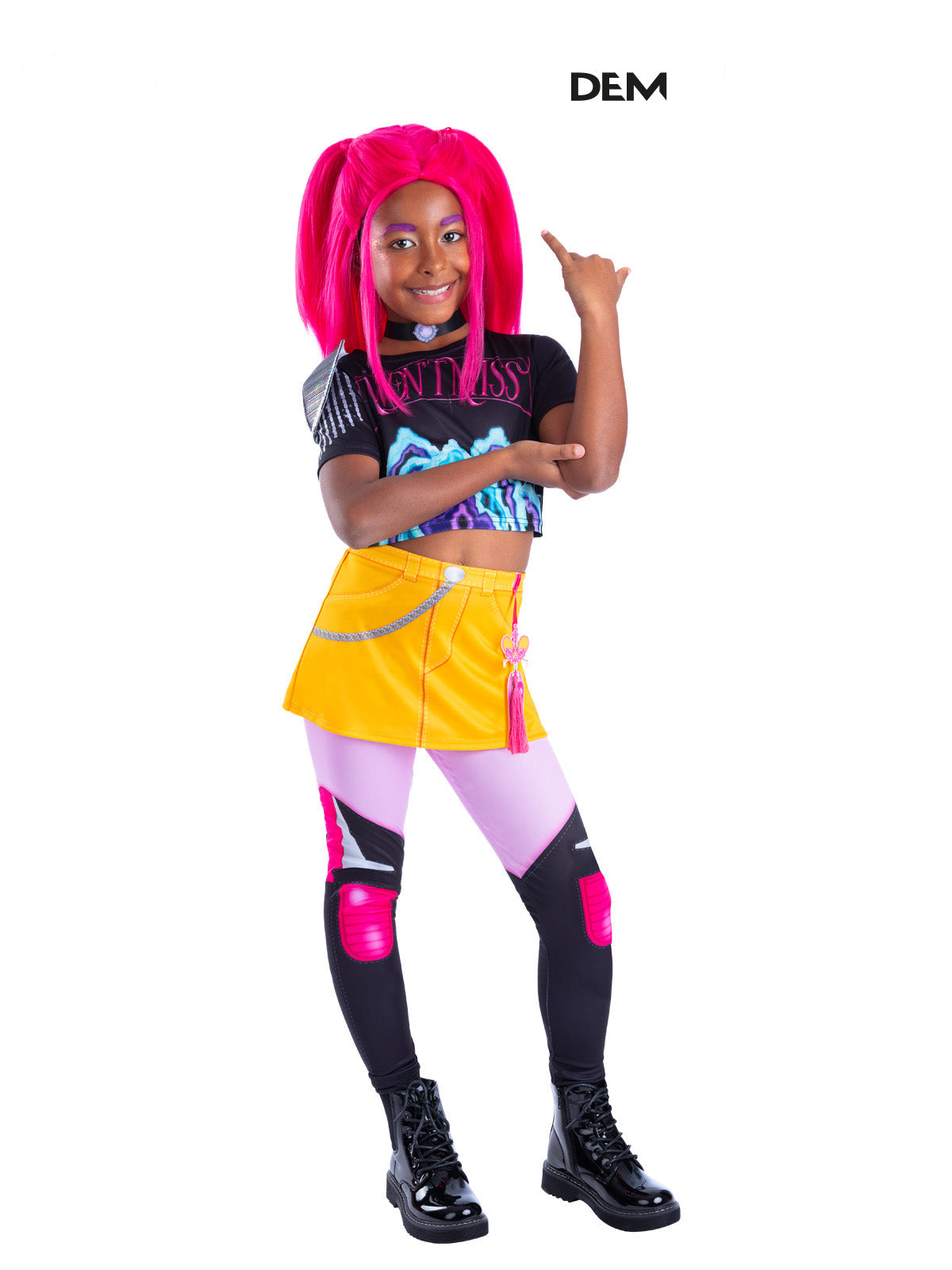 Girl in the K-Pop Demon Hunters Mira costume with a black crop top, yellow mini skirt and printed leggings