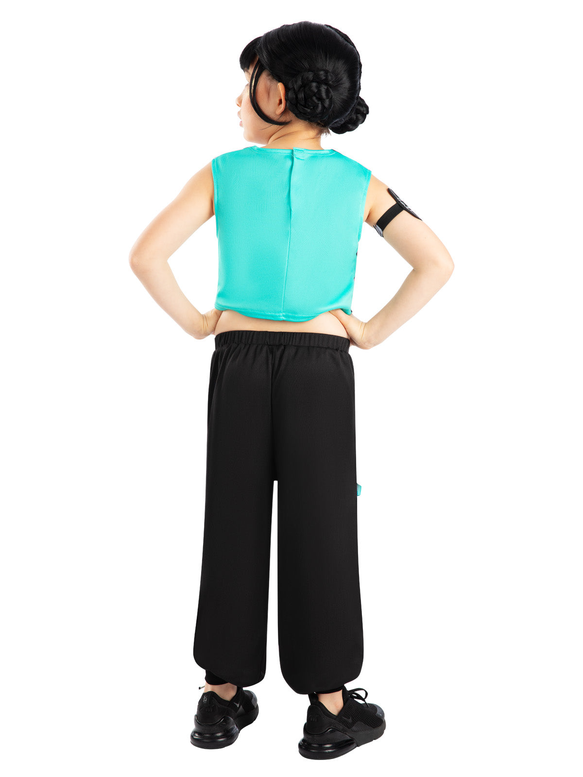 Back view of the Zoey costume with a teal sleeveless top, black arm band and black pants