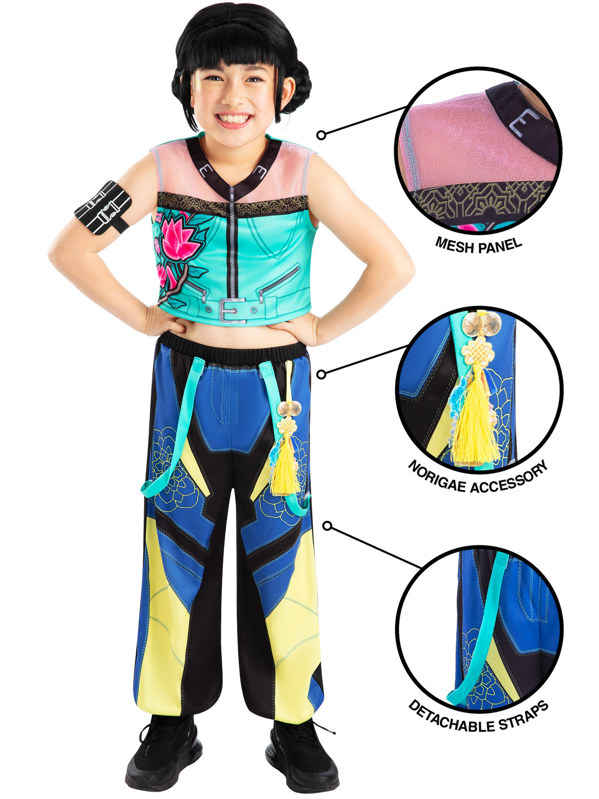 Girl in the Zoey costume with detail circles showing the mesh panel, charm and printed pants