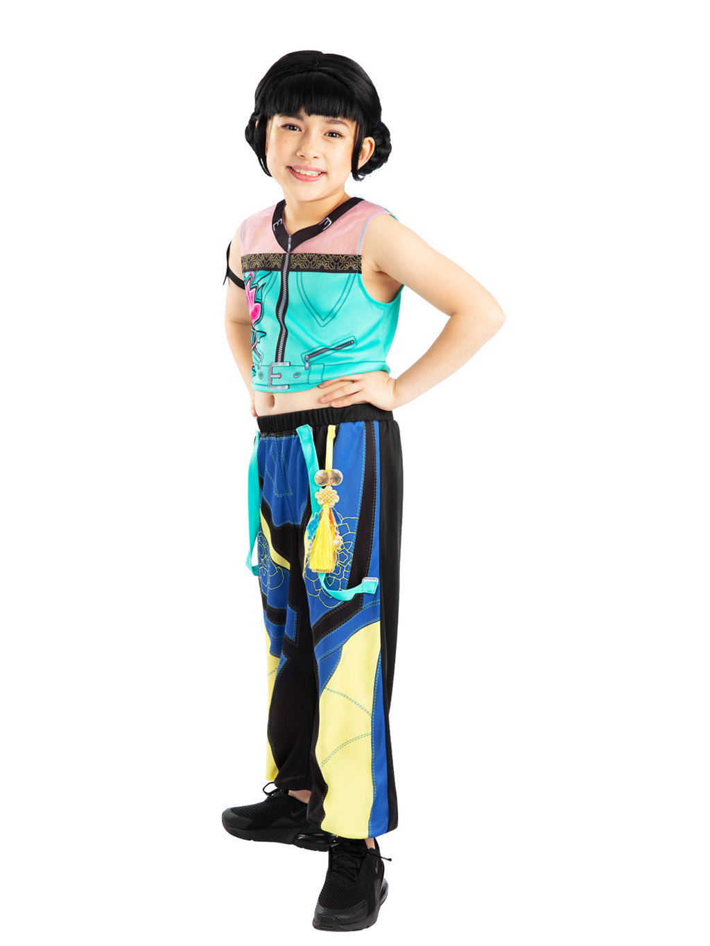 Side view of the Zoey costume with a teal crop top and loose printed pants