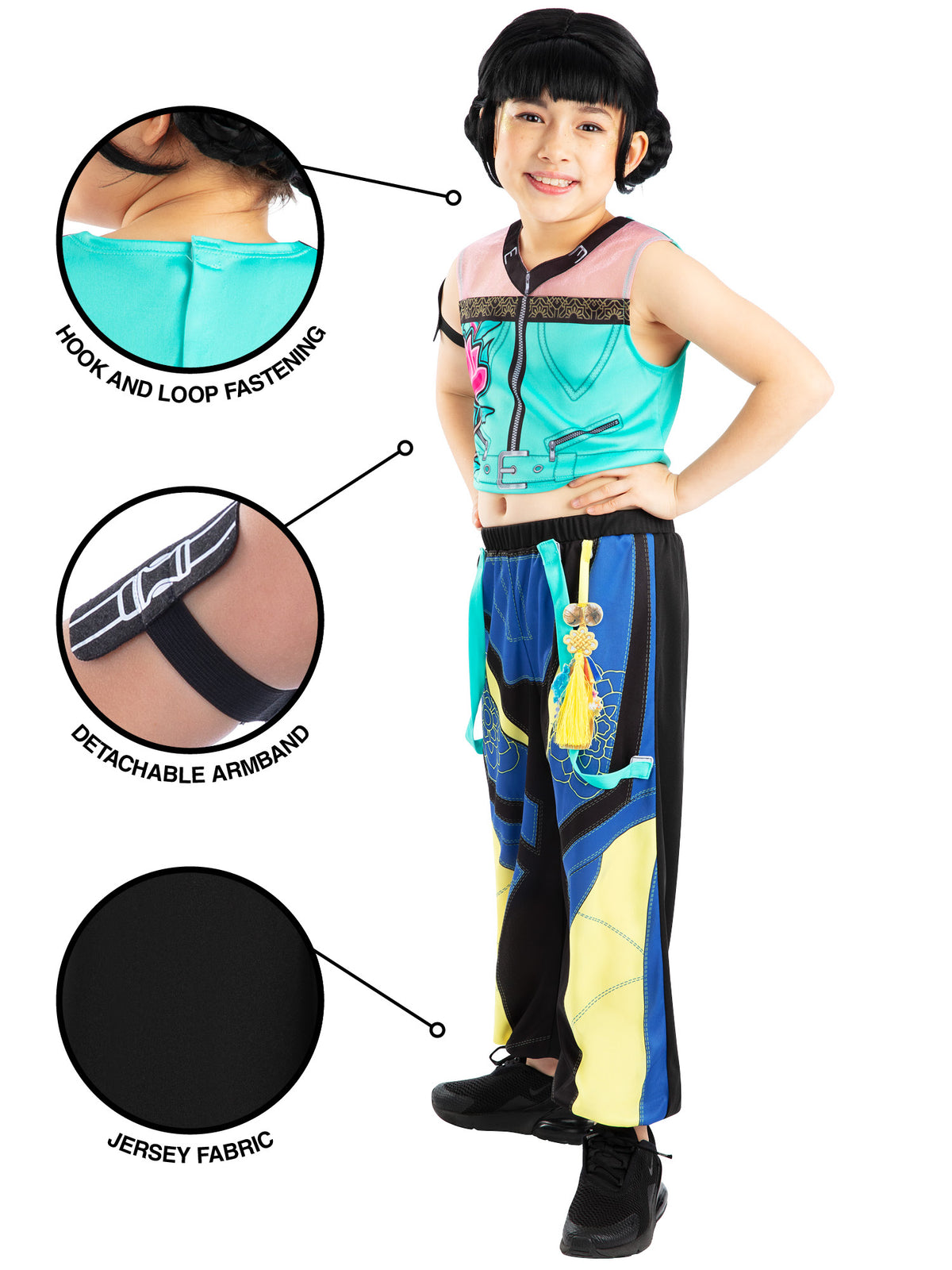 Girl in the Zoey costume with detail circles showing the velcro arm band, jersey fabric and pants