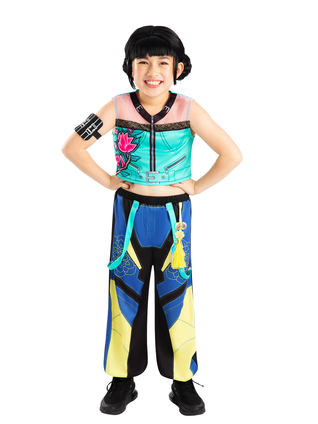 Girl with hands on hips in the Zoey costume, wearing the teal sleeveless top and black arm band