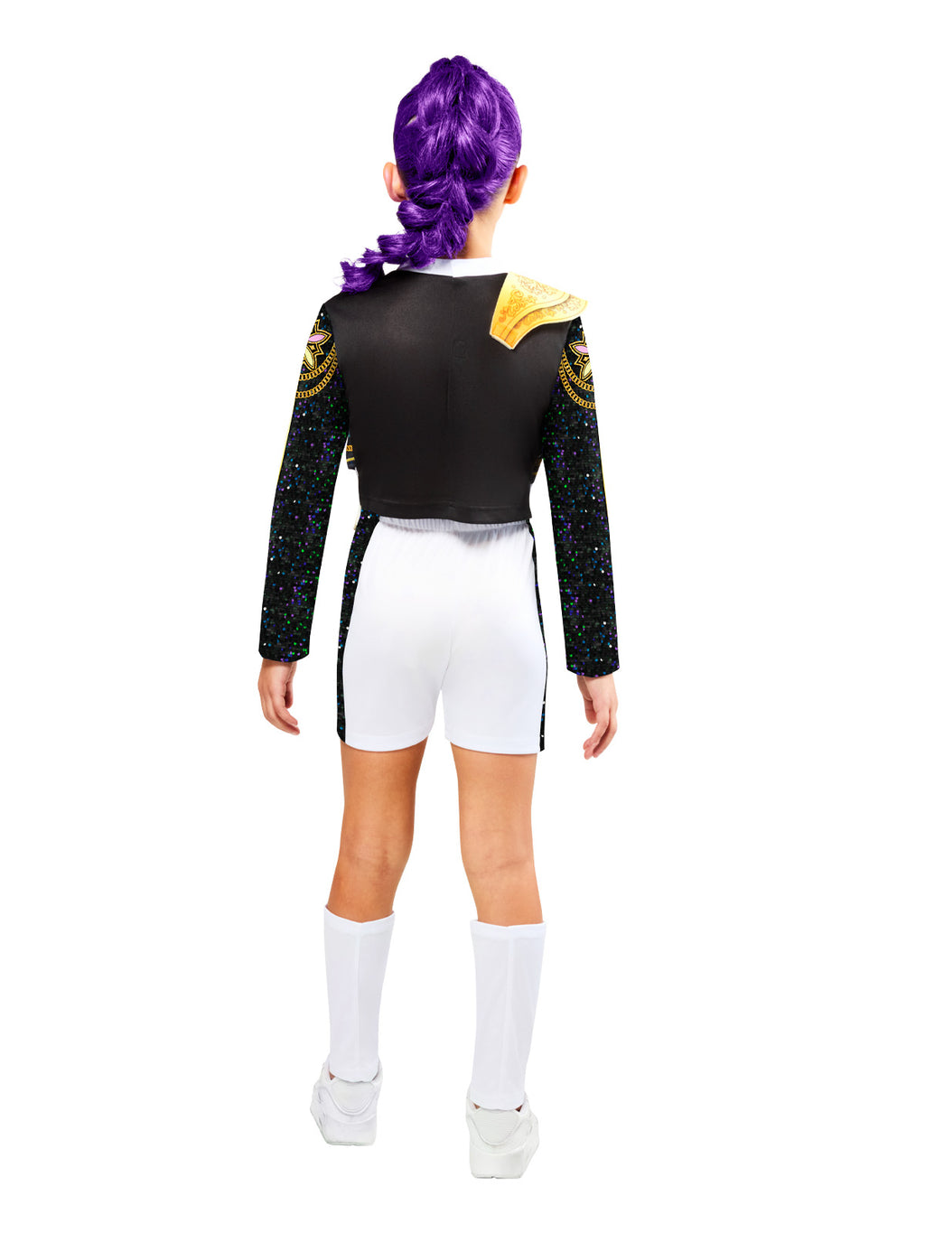Back view of the Rumi Gold Hybrid costume with a black cropped jacket over white shorts