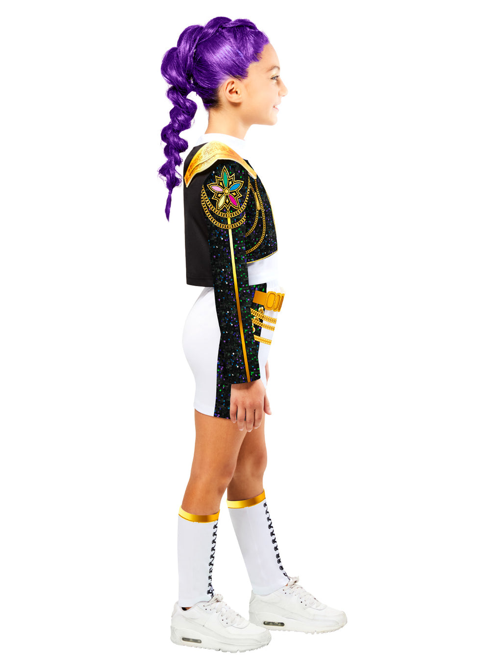 Side profile of the Rumi Gold Hybrid costume with a black cropped jacket and white shorts