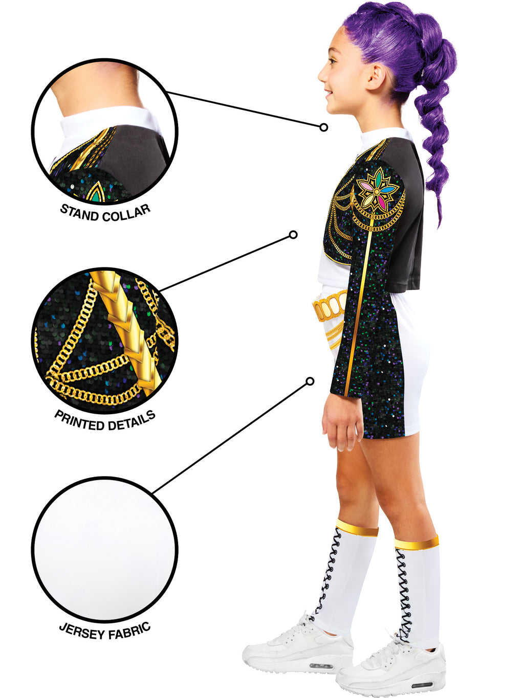 Girl in the Rumi Gold Hybrid costume with detail circles showing the collar, jacket print and jersey fabric