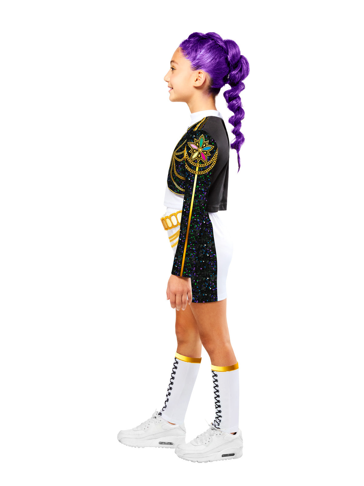 Side view of the Rumi Gold Hybrid costume with black jacket, white shorts and gold-trimmed leg sleeves